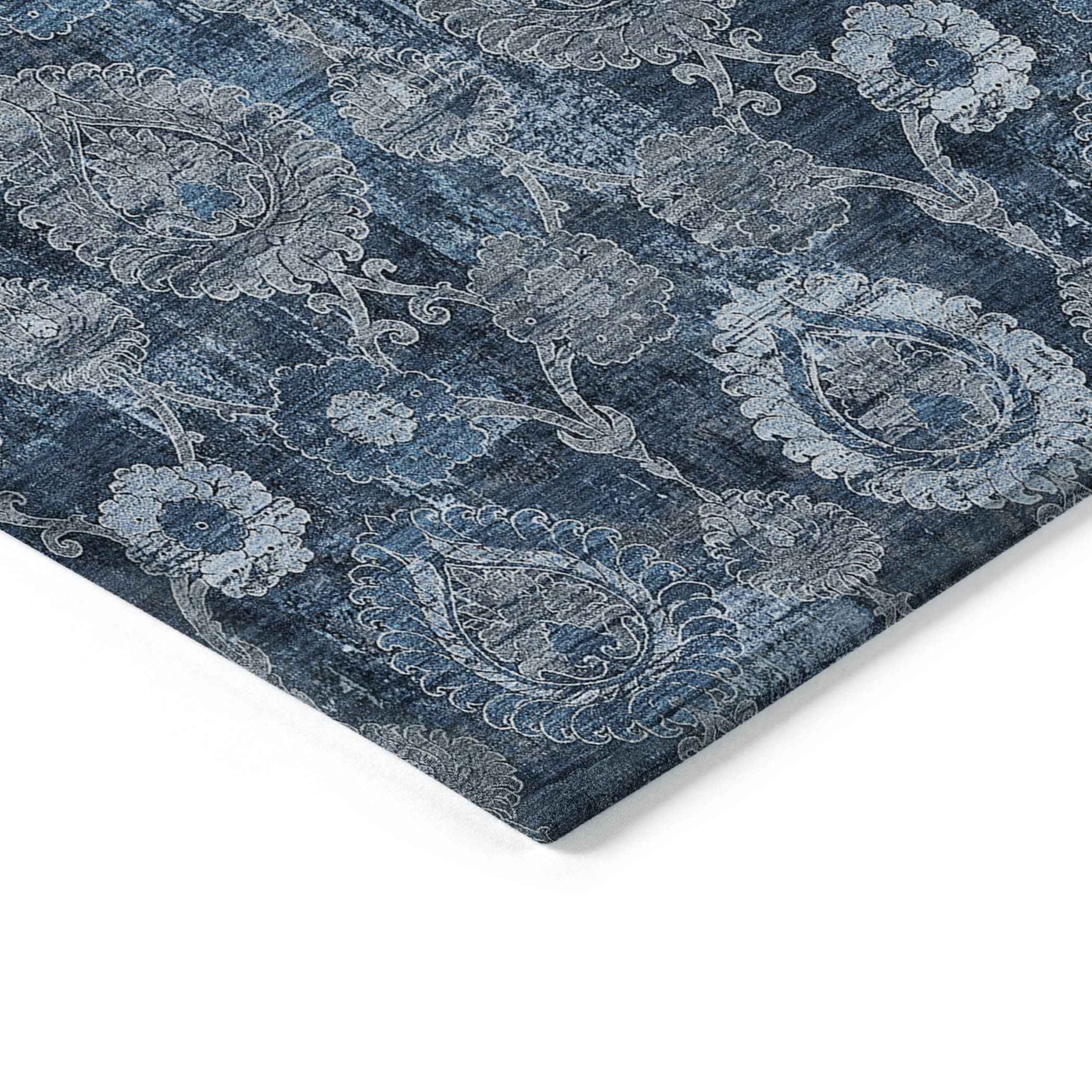 5' X 8' Navy Blue And Denim Blue Damask Washable Indoor Outdoor Area Rug