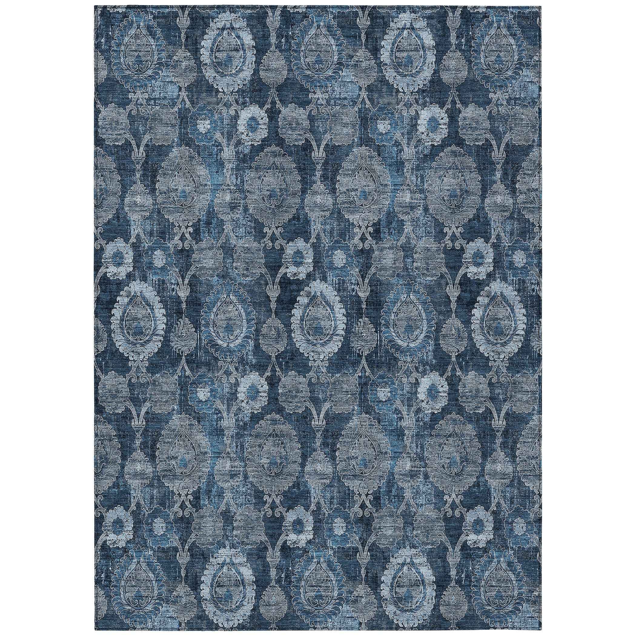 5' X 8' Navy Blue And Denim Blue Damask Washable Indoor Outdoor Area Rug