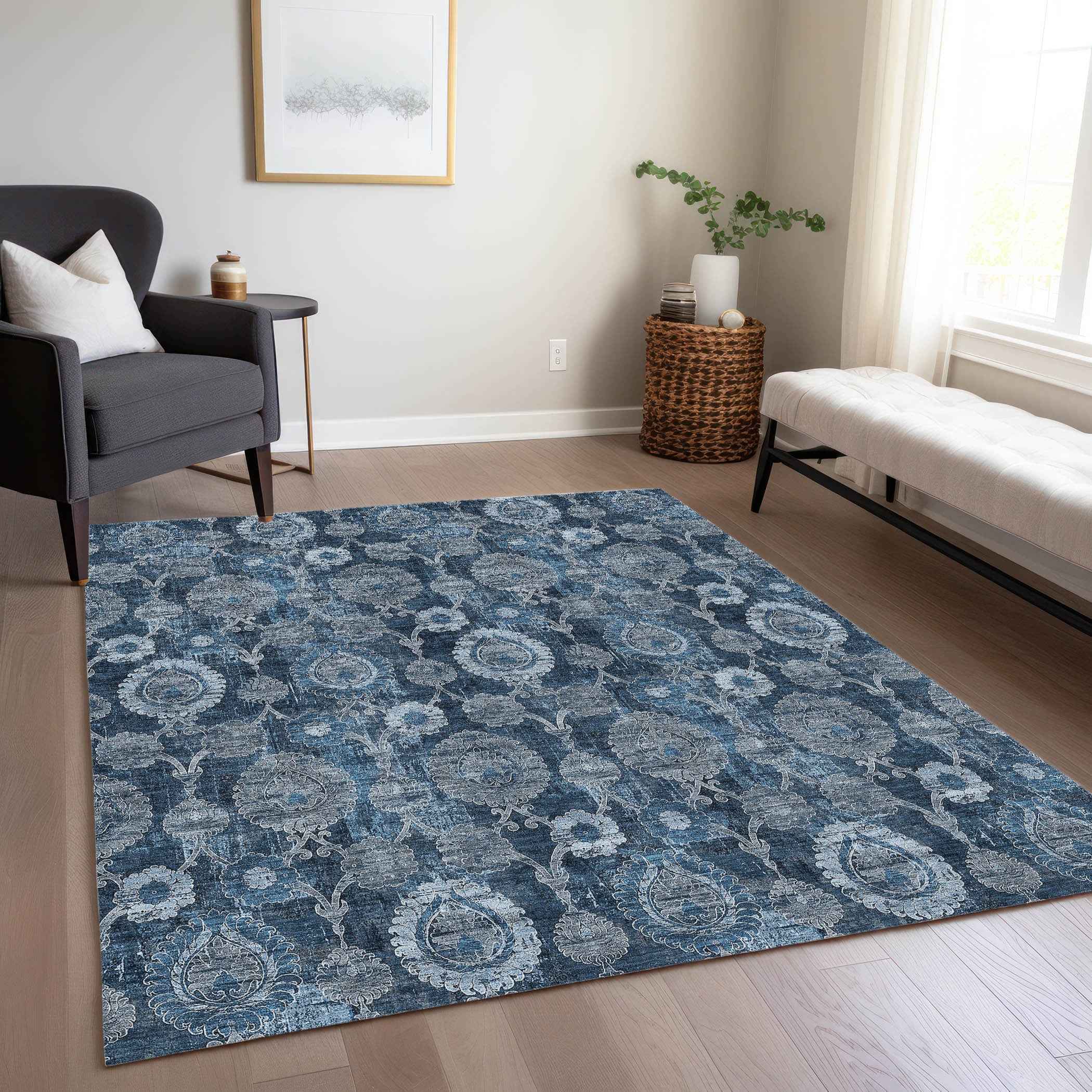 5' X 8' Navy Blue And Denim Blue Damask Washable Indoor Outdoor Area Rug