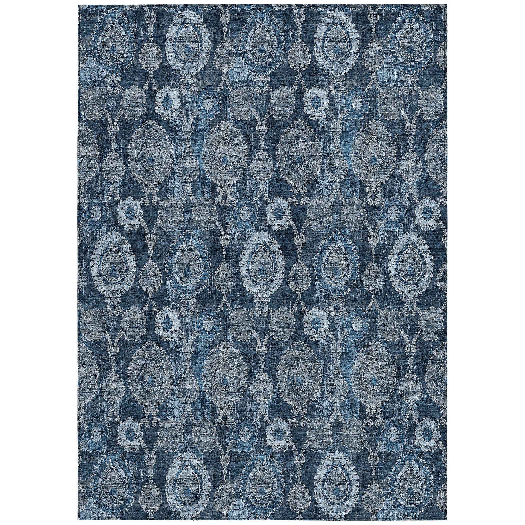 5' X 8' Navy Blue And Denim Blue Damask Washable Indoor Outdoor Area Rug