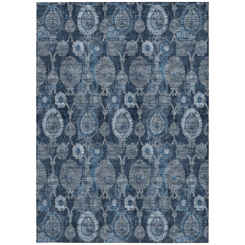 5' X 8' Navy Blue And Denim Blue Damask Washable Indoor Outdoor Area Rug