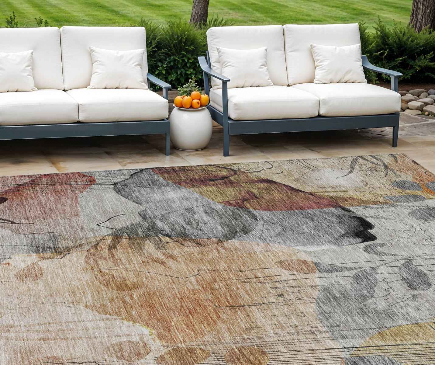 9' X 12' Terra Cotta Copper And Beige Floral Washable Indoor Outdoor Area Rug