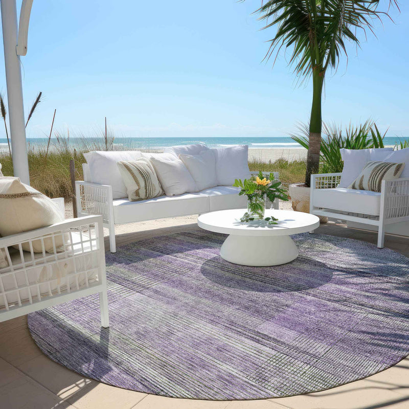 8' Purple Lavender And Gray Round Striped Washable Indoor Outdoor Area Rug
