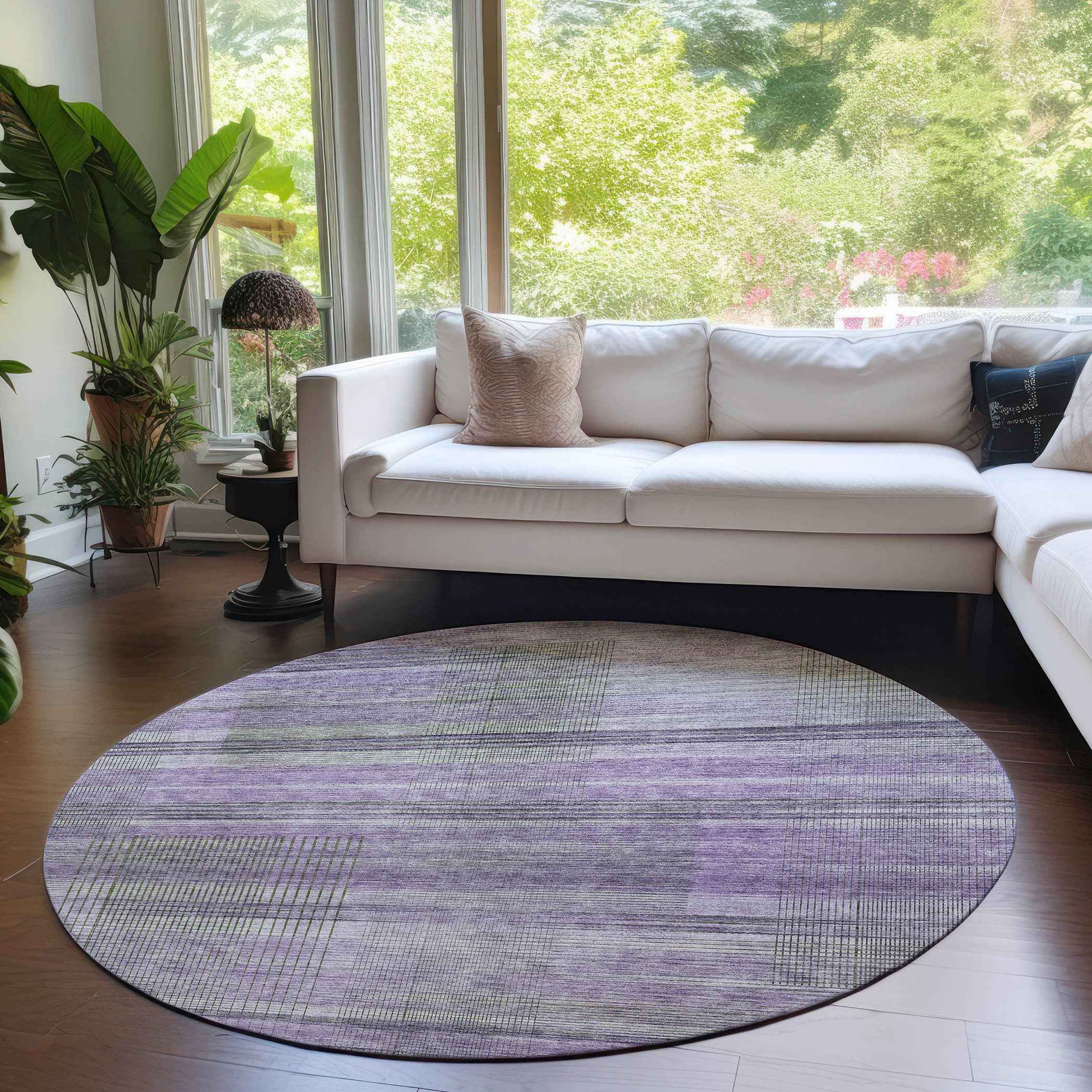 8' Purple Lavender And Gray Round Striped Washable Indoor Outdoor Area Rug
