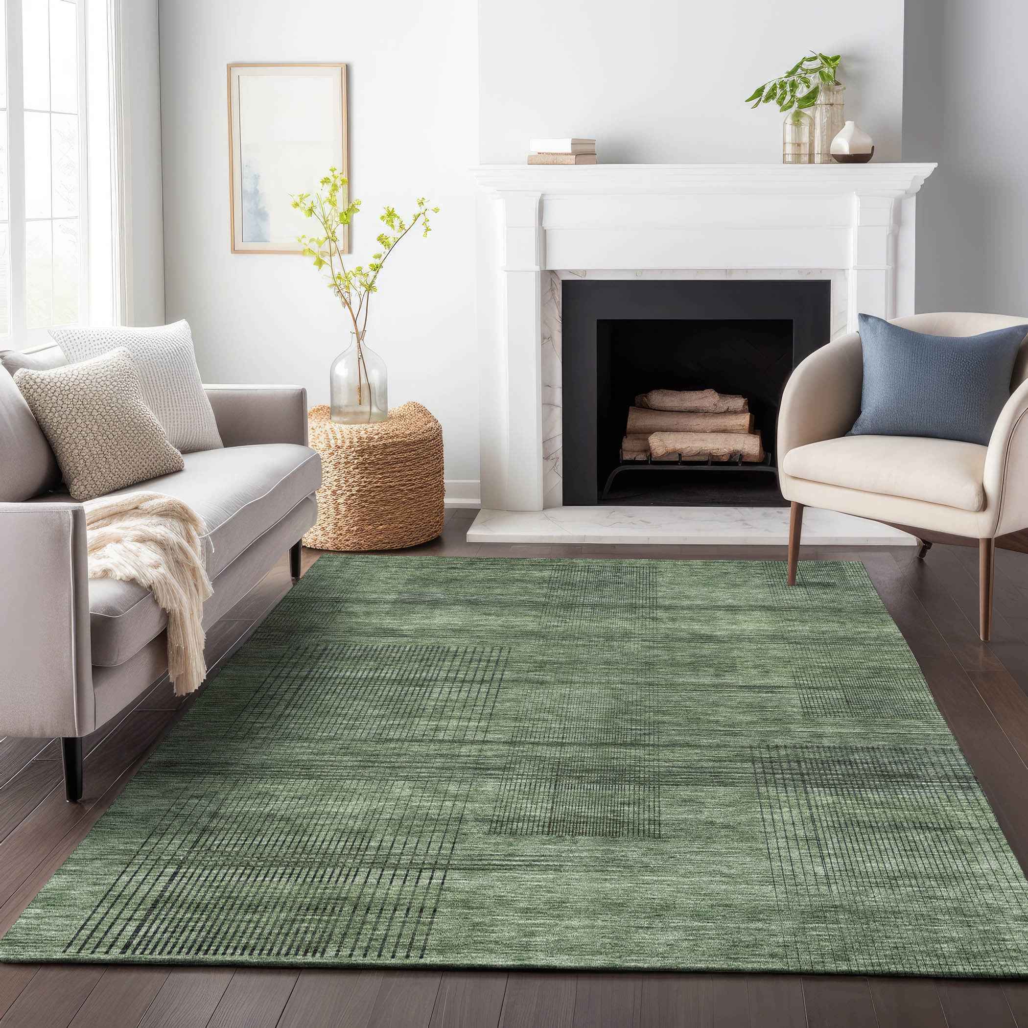 10' X 14' Olive Green And Gray Striped Washable Indoor Outdoor Area Rug
