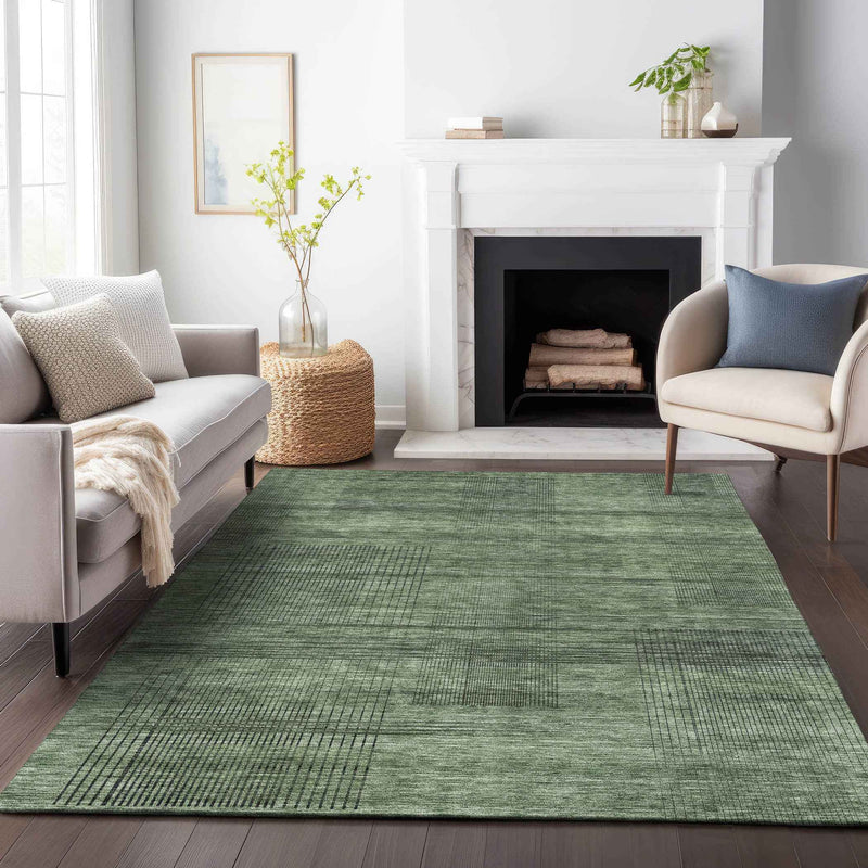 10' X 14' Olive Green And Gray Striped Washable Indoor Outdoor Area Rug
