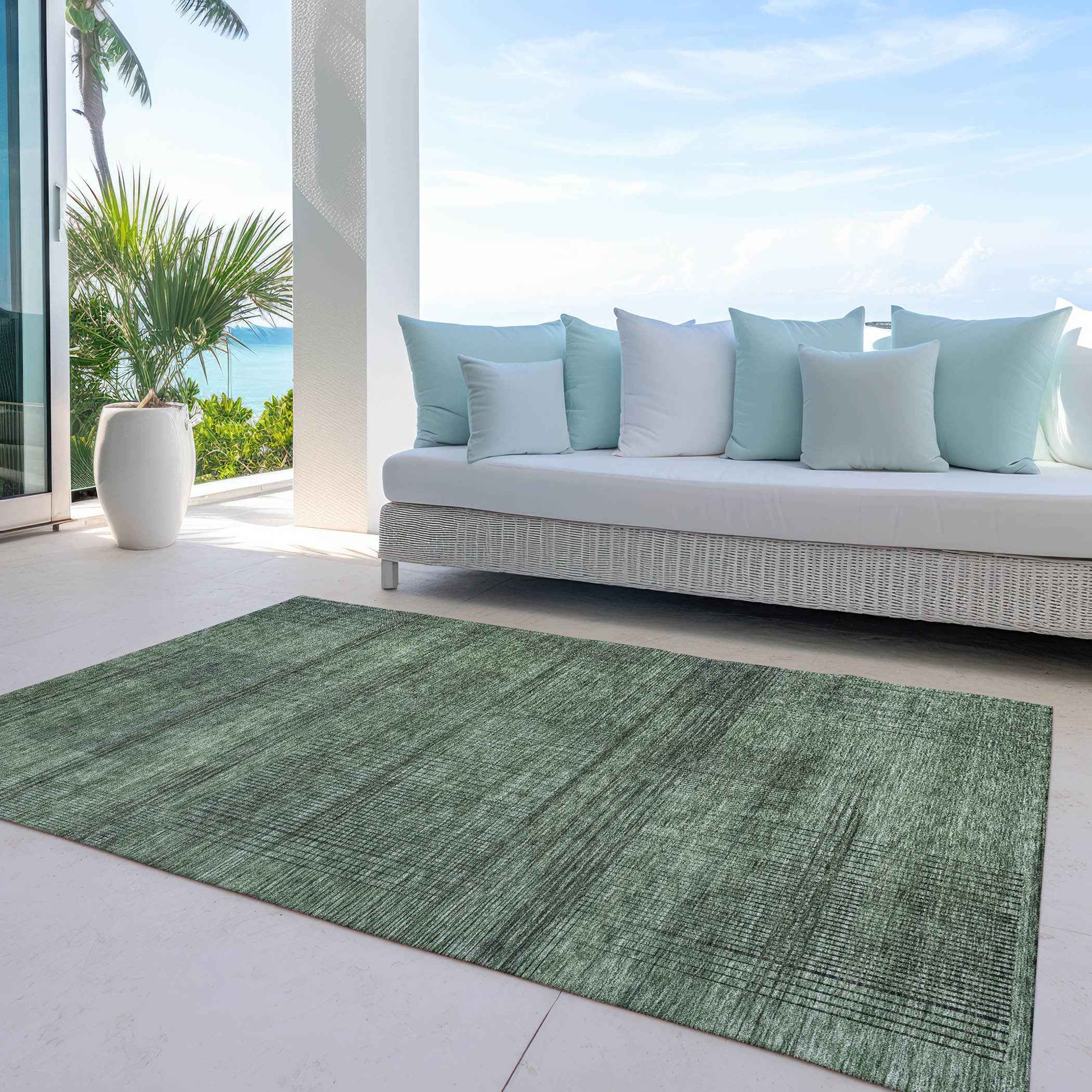 10' X 14' Olive Green And Gray Striped Washable Indoor Outdoor Area Rug