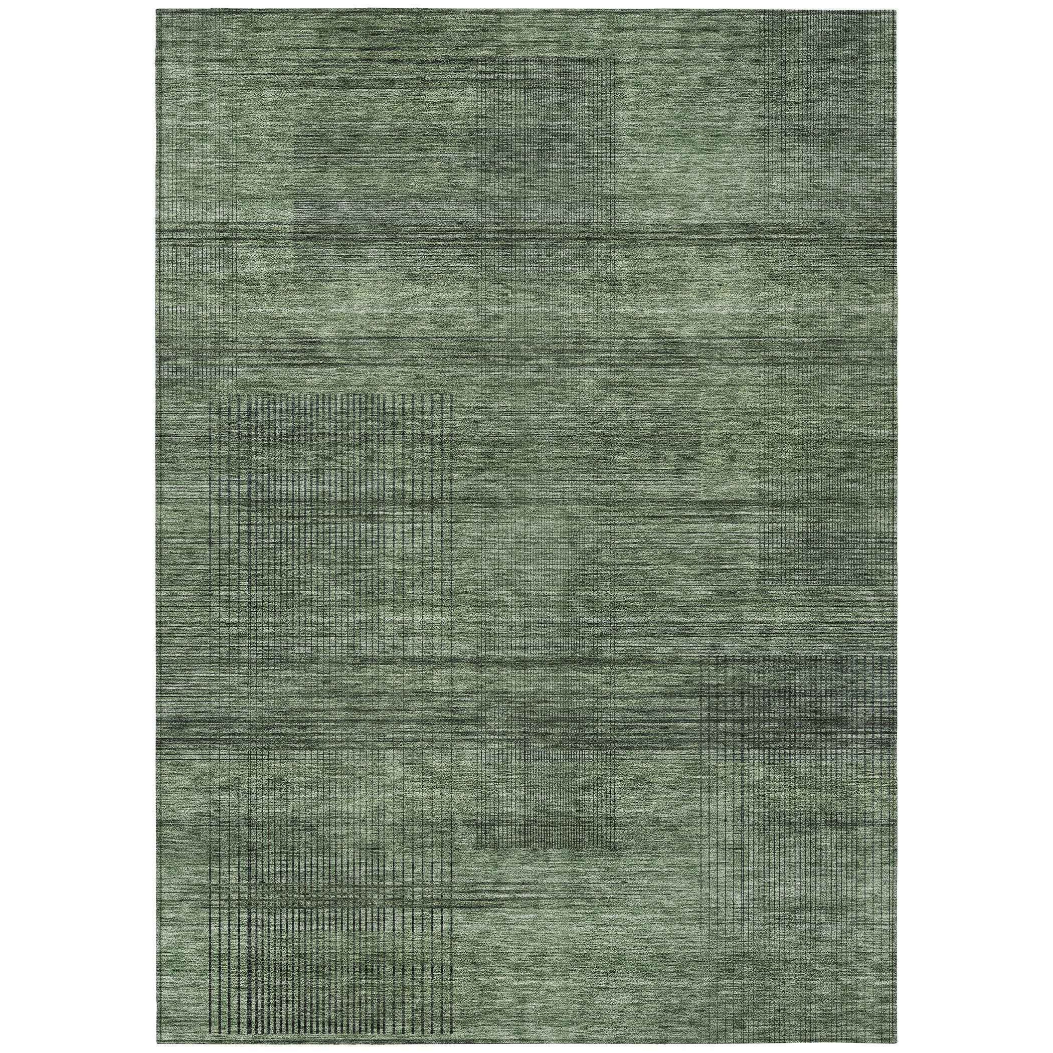 10' X 14' Olive Green And Gray Striped Washable Indoor Outdoor Area Rug