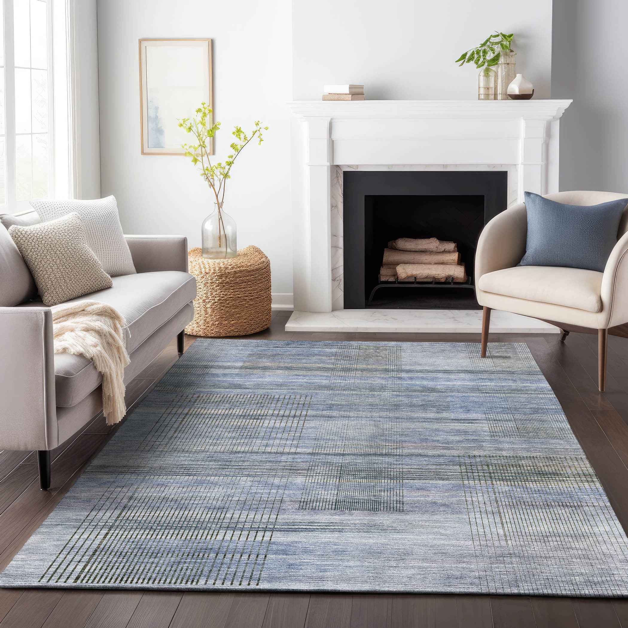 3' X 5' Denim Blue And Sky Blue Striped Washable Indoor Outdoor Area Rug