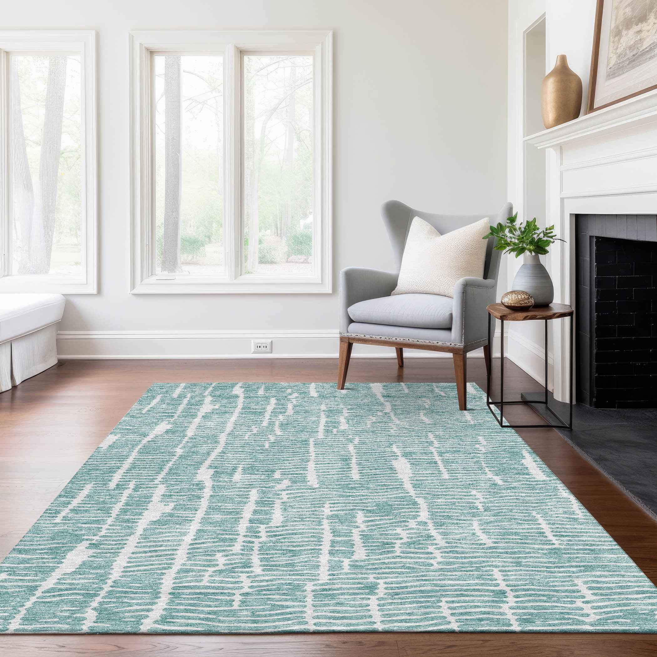 8' X 10' Teal Blue And Ivory Abstract Washable Indoor Outdoor Area Rug