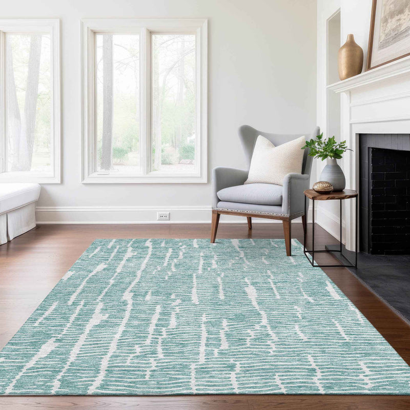 8' X 10' Teal Blue And Ivory Abstract Washable Indoor Outdoor Area Rug