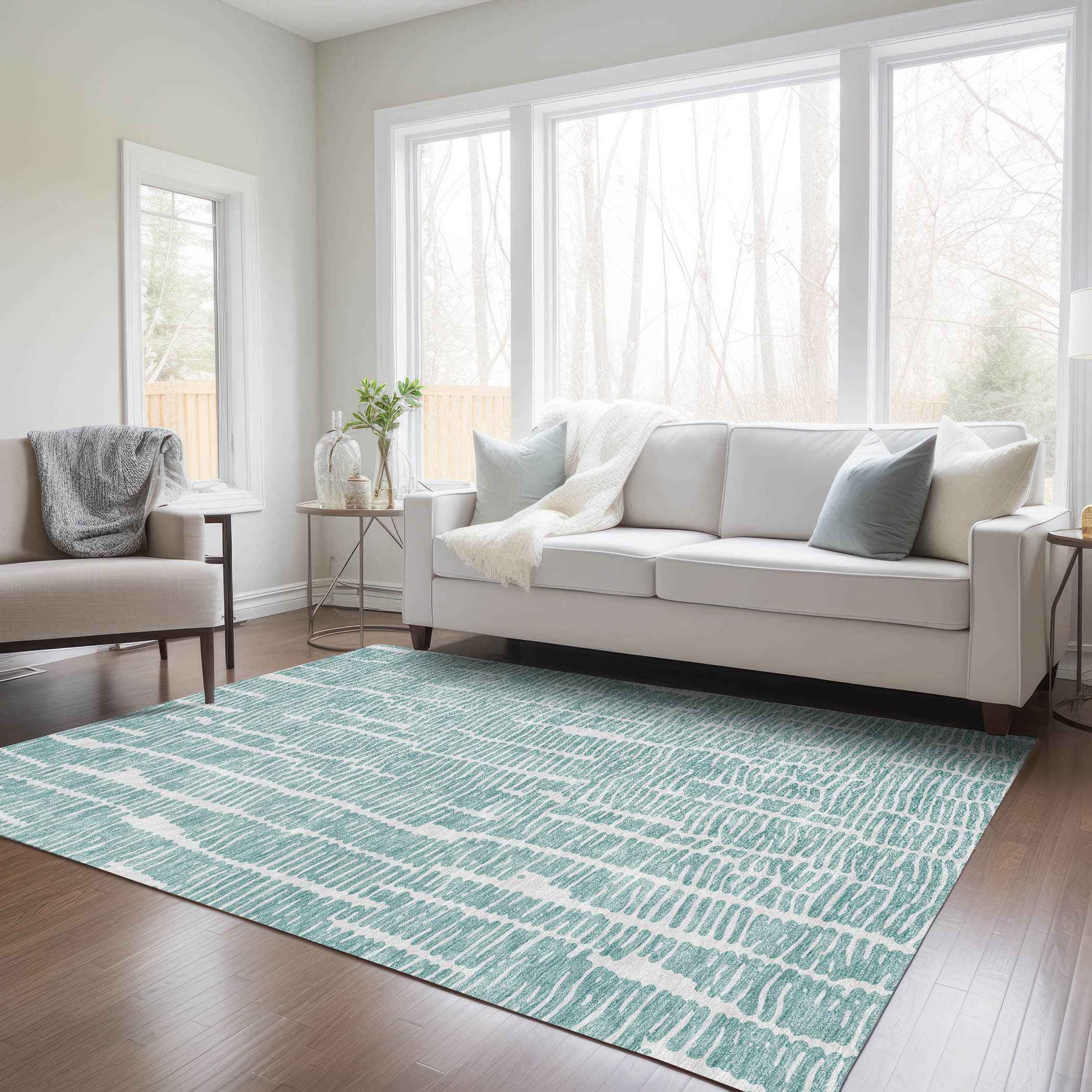 10' X 14' Teal Blue And Ivory Abstract Washable Indoor Outdoor Area Rug