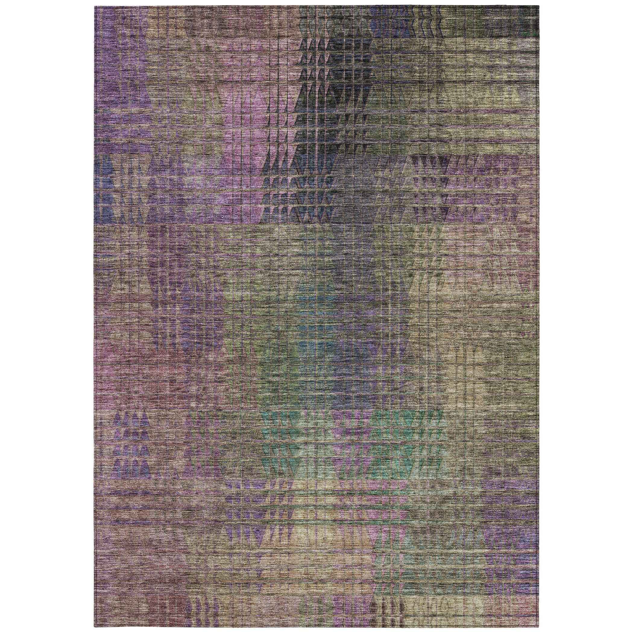 5' X 8' Plum Olive Green And Lavender Abstract Washable Indoor Outdoor Area Rug