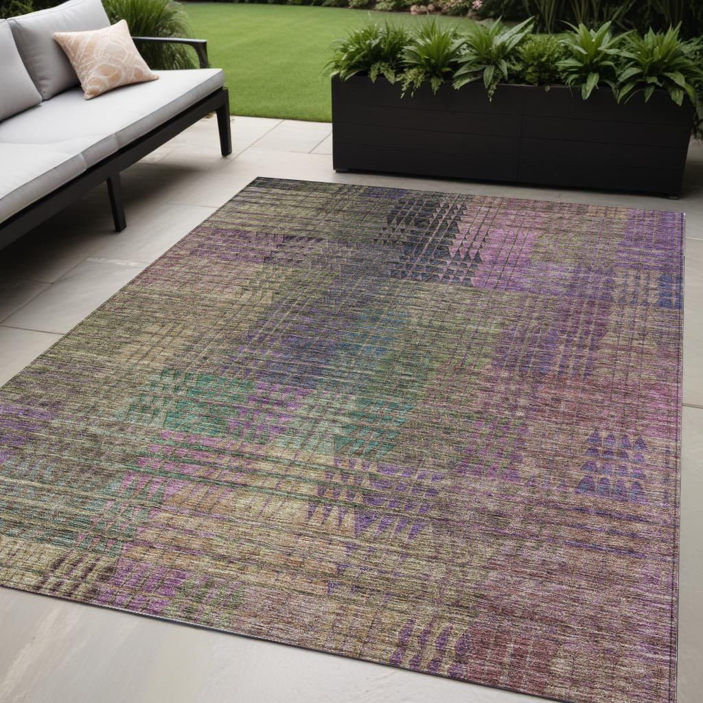 5' X 8' Plum Olive Green And Lavender Abstract Washable Indoor Outdoor Area Rug