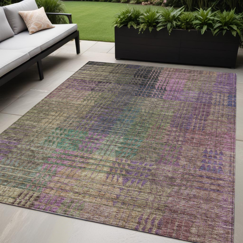 5' X 8' Plum Olive Green And Lavender Abstract Washable Indoor Outdoor Area Rug