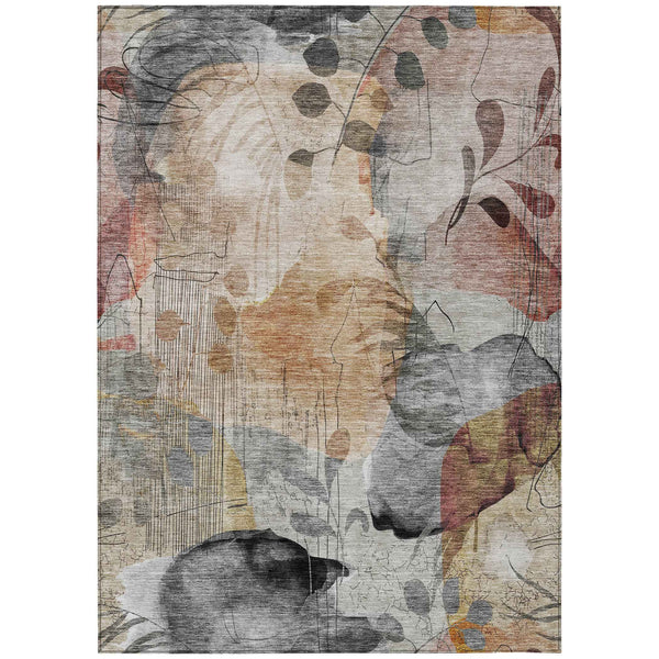 10' X 14' Terra Cotta Copper And Beige Floral Washable Indoor Outdoor Area Rug