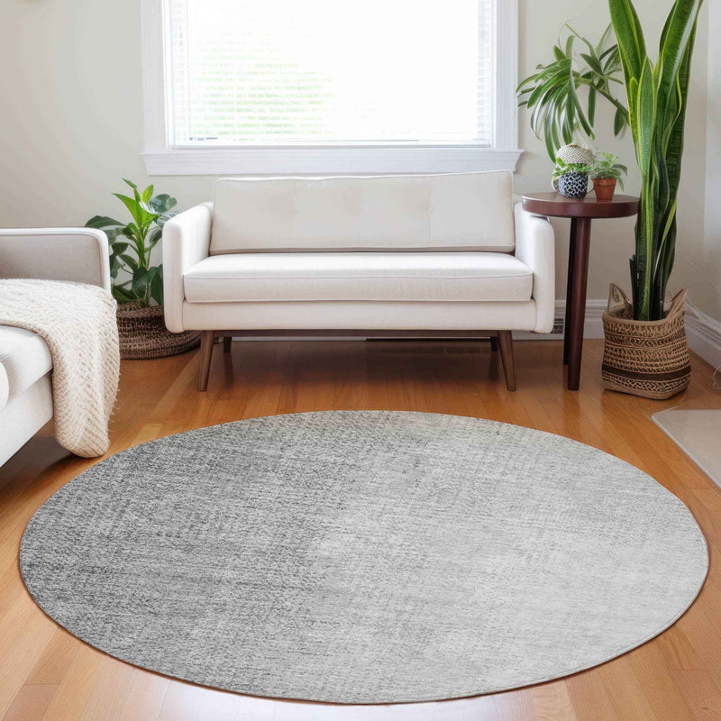 8' Gray And Silver Round Abstract Washable Indoor Outdoor Area Rug