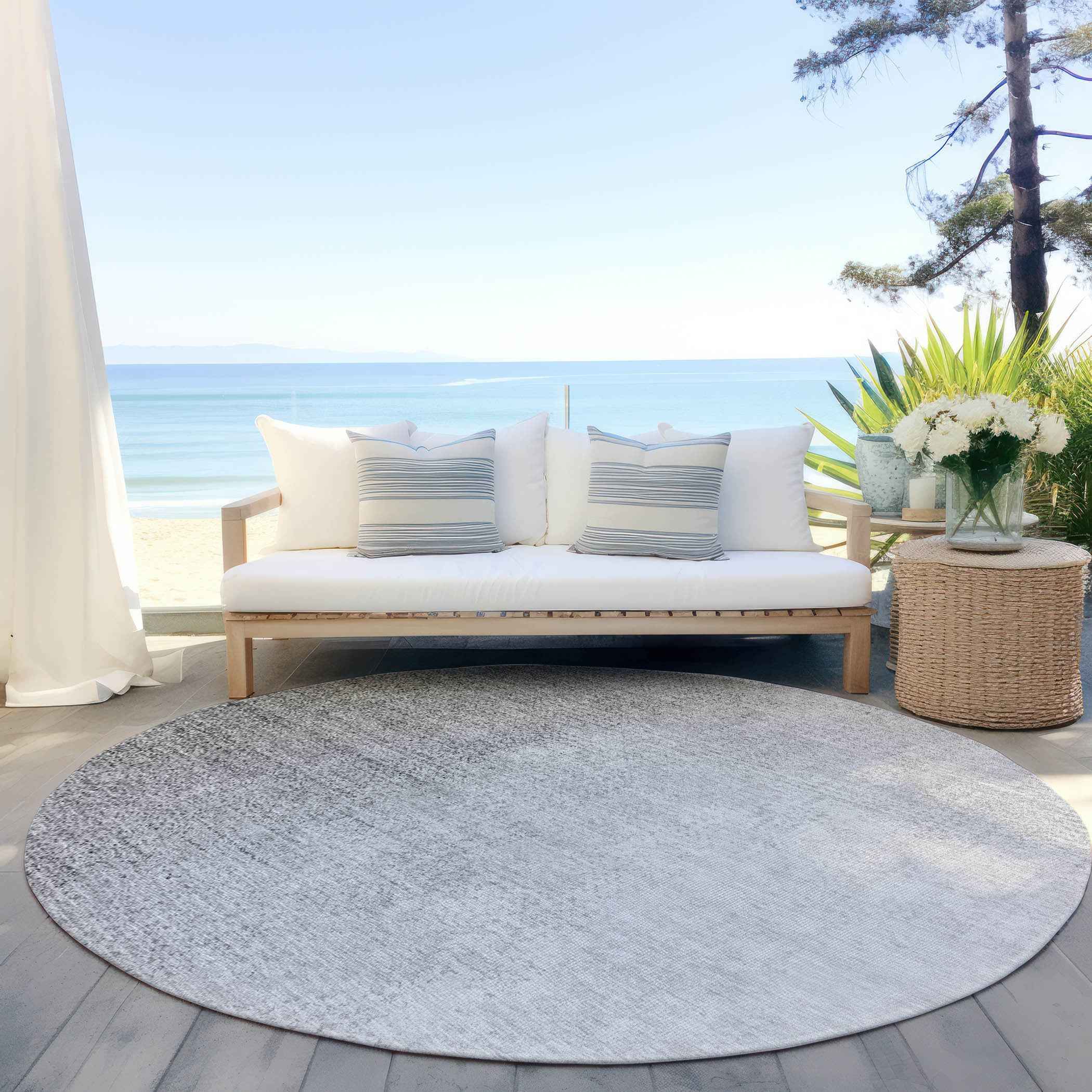 8' Gray And Silver Round Abstract Washable Indoor Outdoor Area Rug