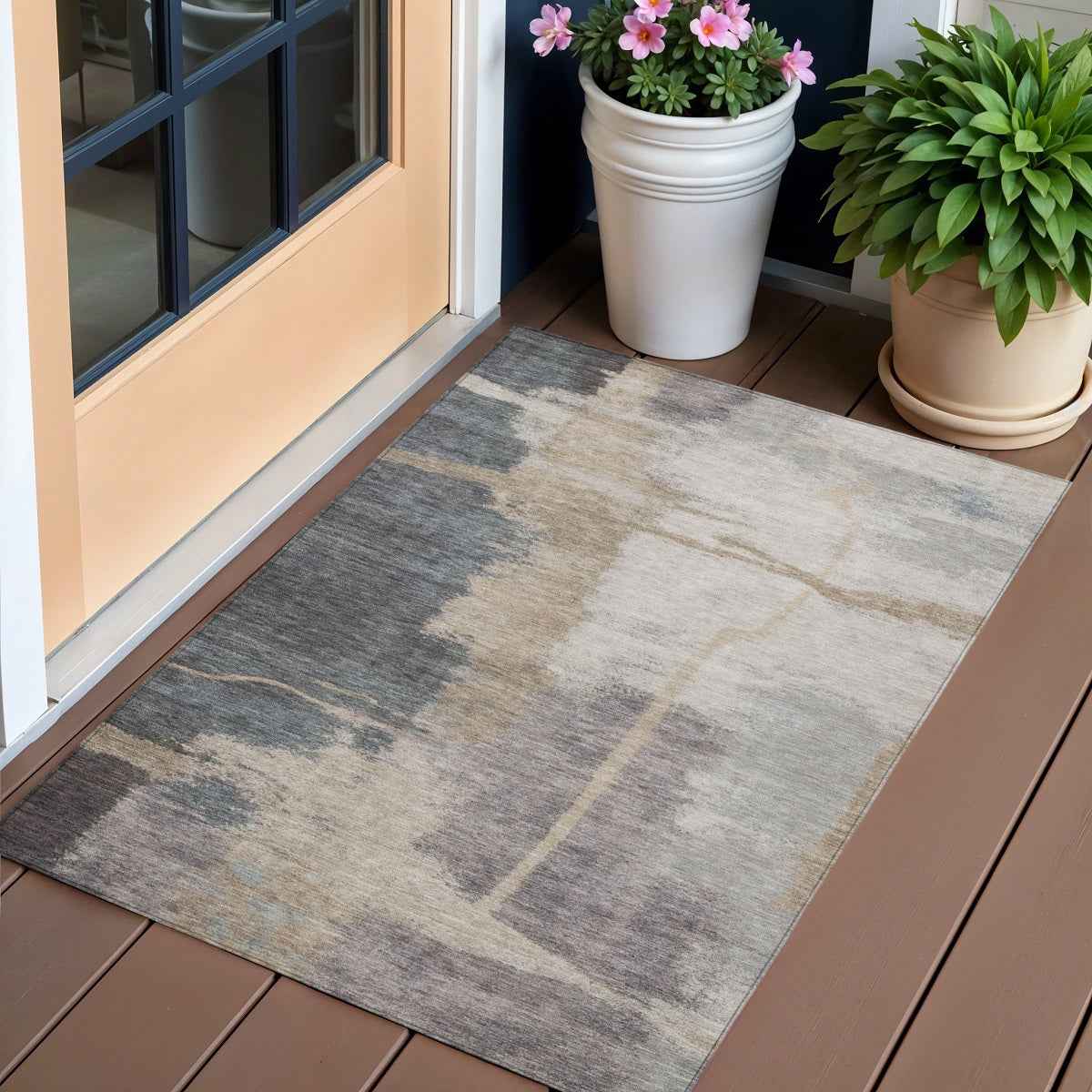 3' X 5' Gray Charcoal And Beige Abstract Washable Indoor Outdoor Area Rug