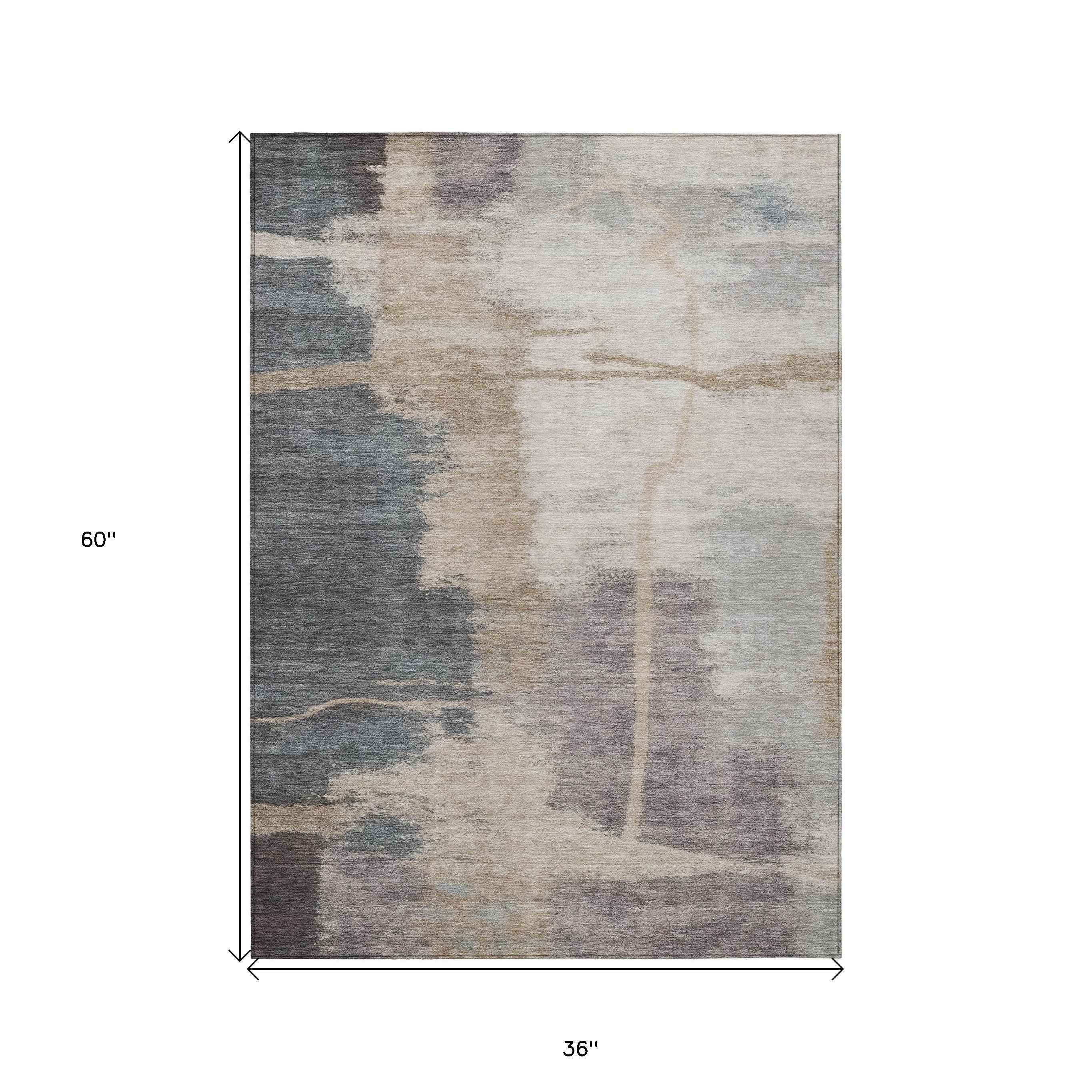 3' X 5' Gray Charcoal And Beige Abstract Washable Indoor Outdoor Area Rug