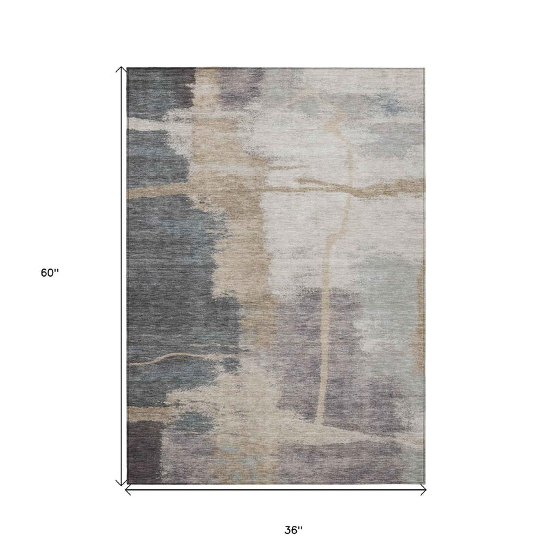 3' X 5' Gray Charcoal And Beige Abstract Washable Indoor Outdoor Area Rug