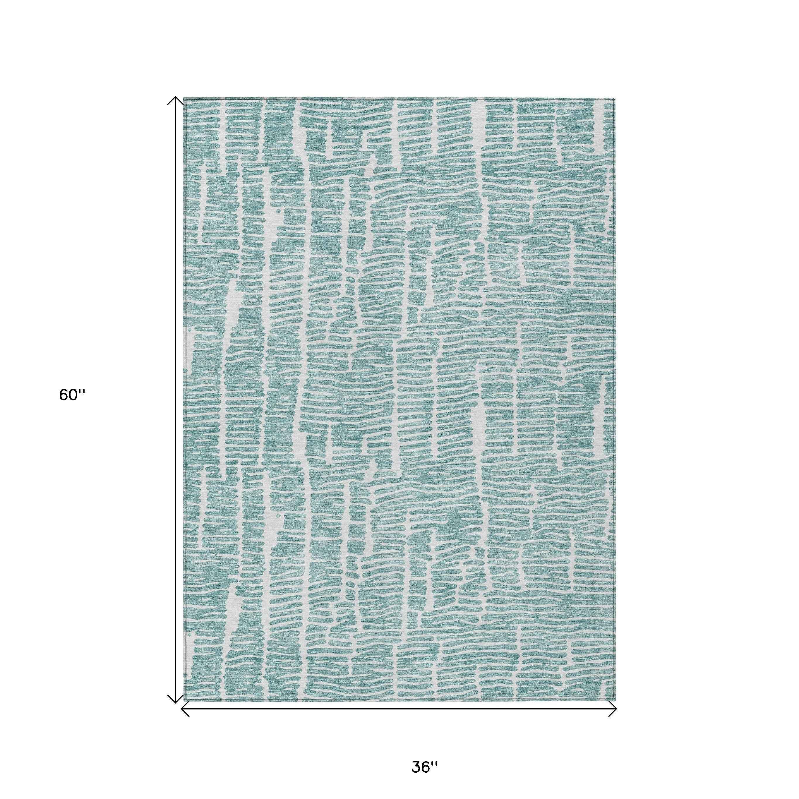 3' X 5' Teal Blue And Ivory Abstract Washable Indoor Outdoor Area Rug