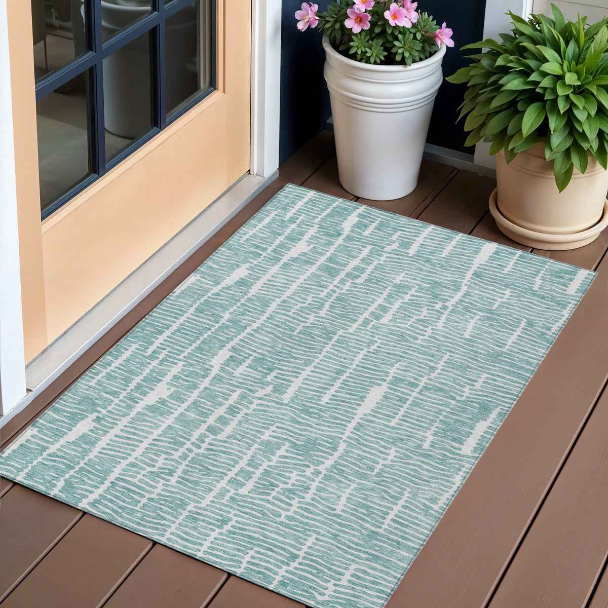3' X 5' Teal Blue And Ivory Abstract Washable Indoor Outdoor Area Rug