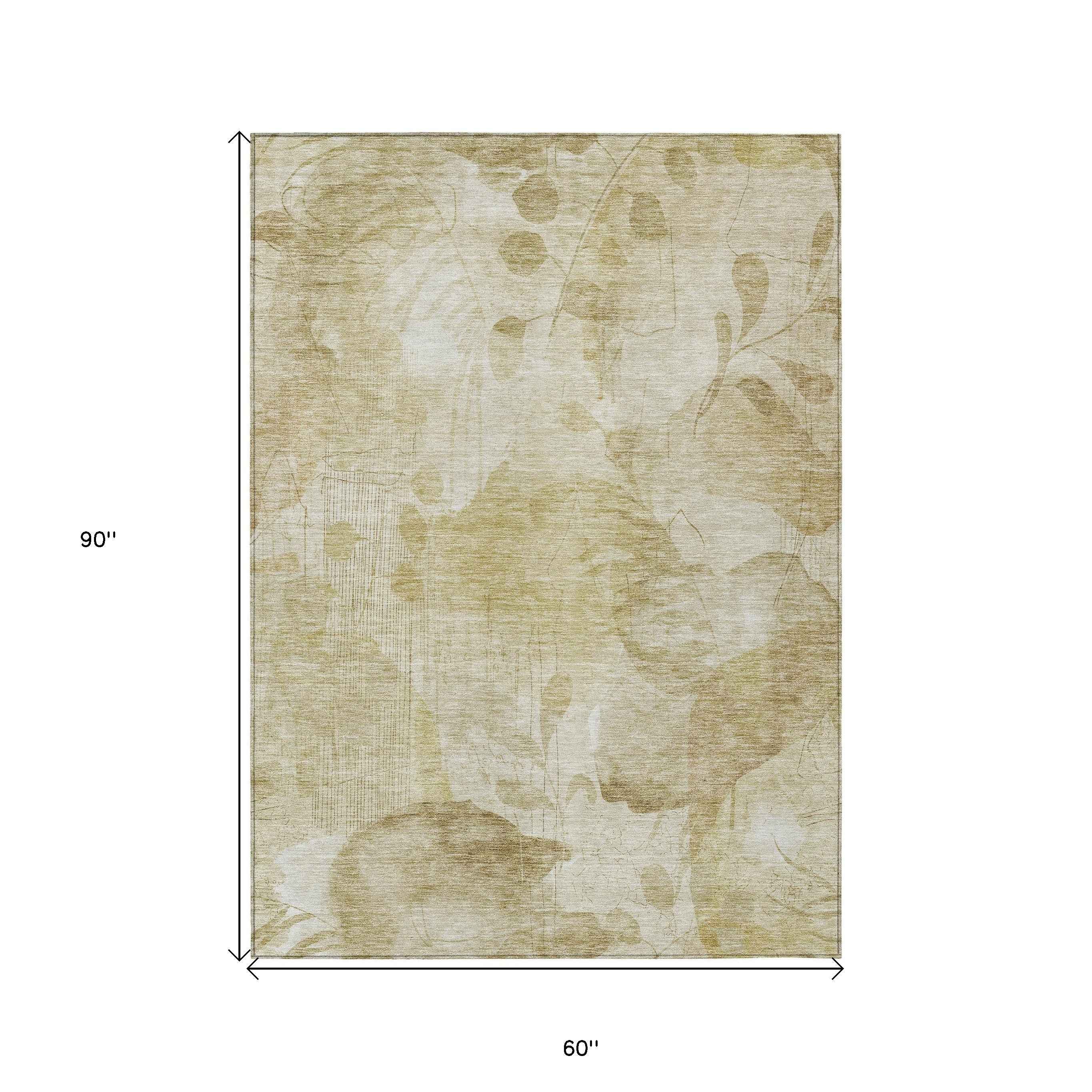 5' X 8' Beige Tan And Ivory Floral Washable Indoor Outdoor Area Rug