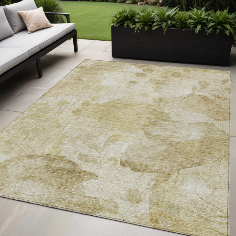 5' X 8' Beige Tan And Ivory Floral Washable Indoor Outdoor Area Rug