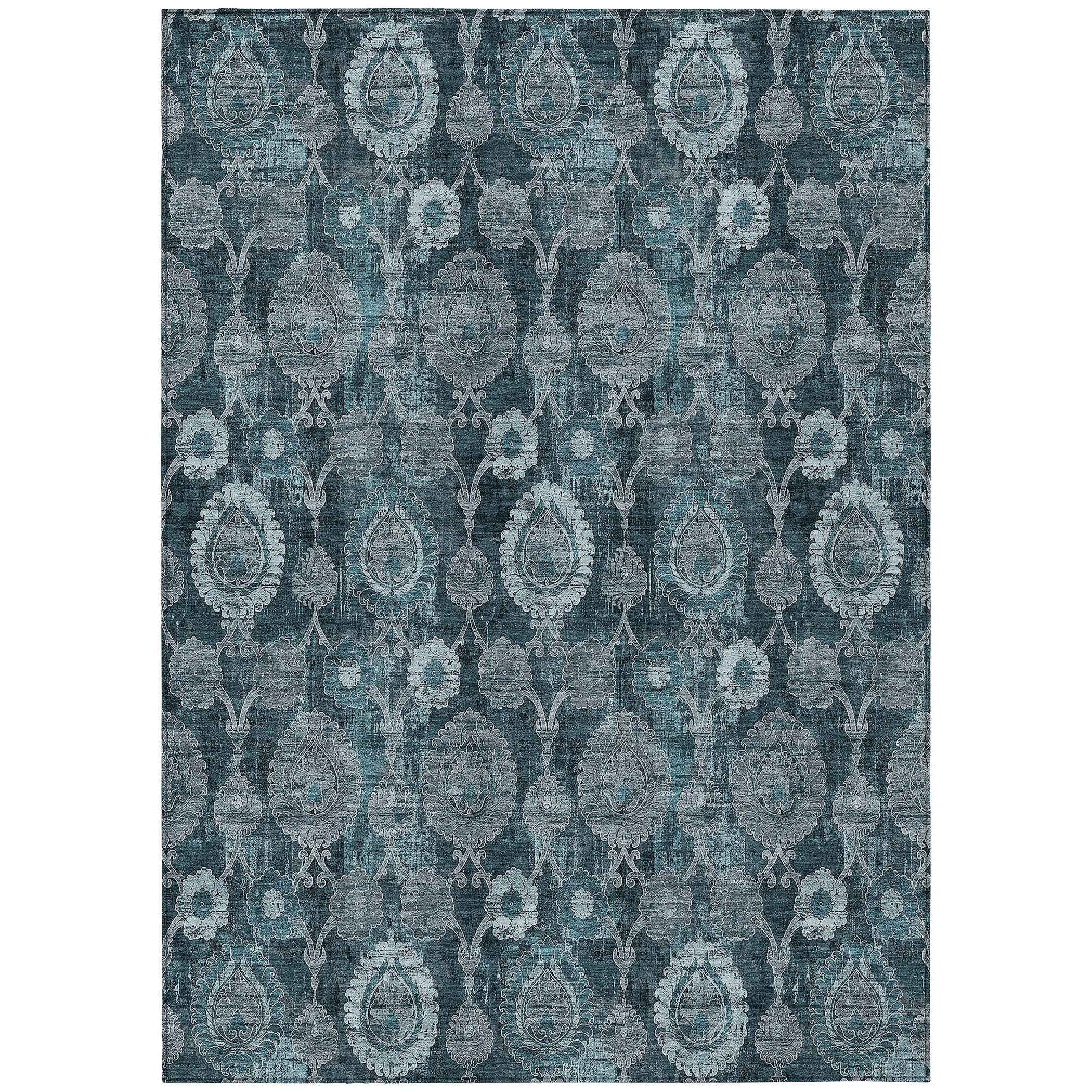 5' X 8' Teal Blue And Sky Blue Damask Washable Indoor Outdoor Area Rug