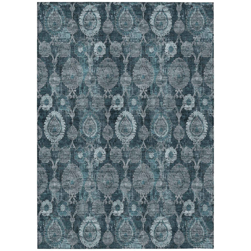5' X 8' Teal Blue And Sky Blue Damask Washable Indoor Outdoor Area Rug