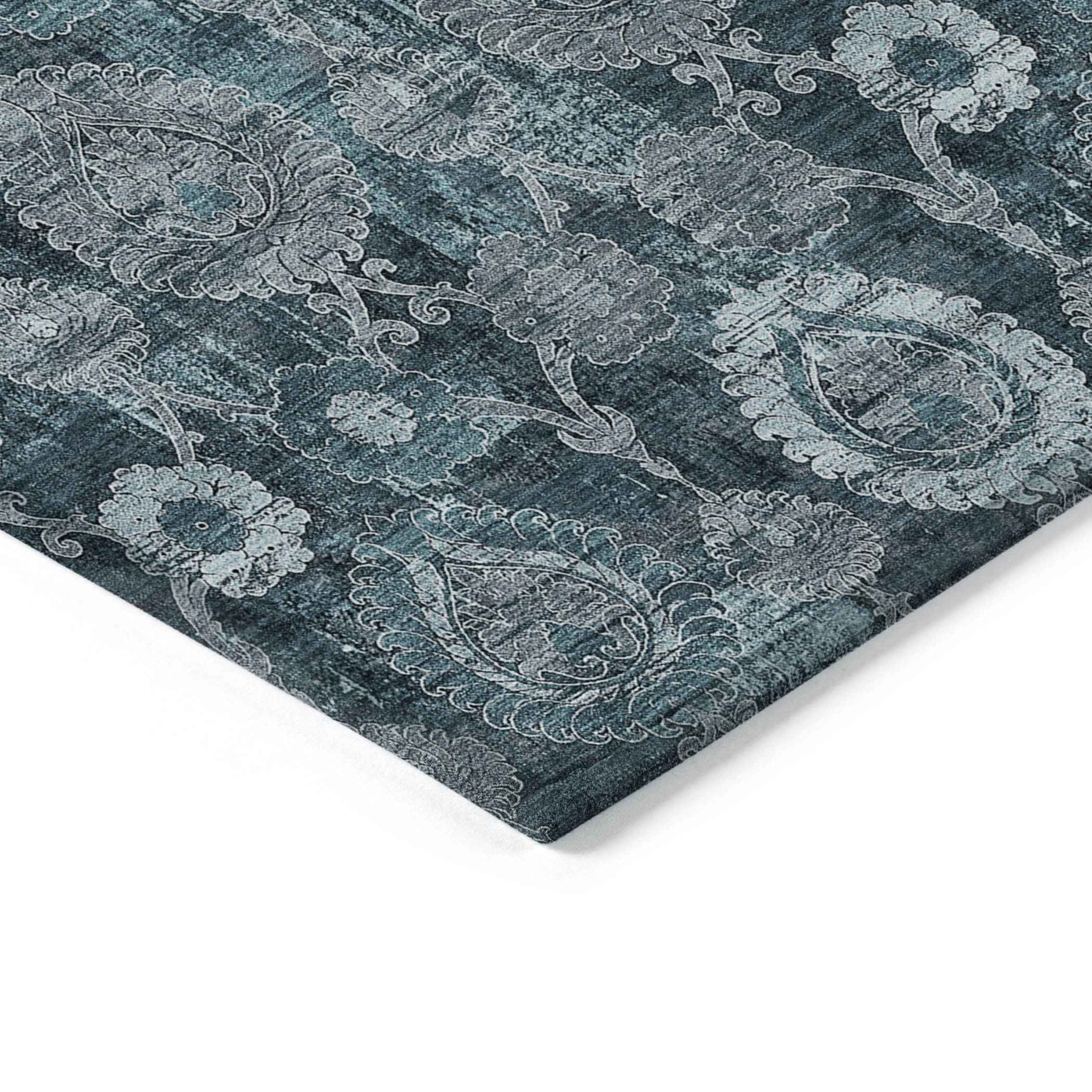 5' X 8' Teal Blue And Sky Blue Damask Washable Indoor Outdoor Area Rug