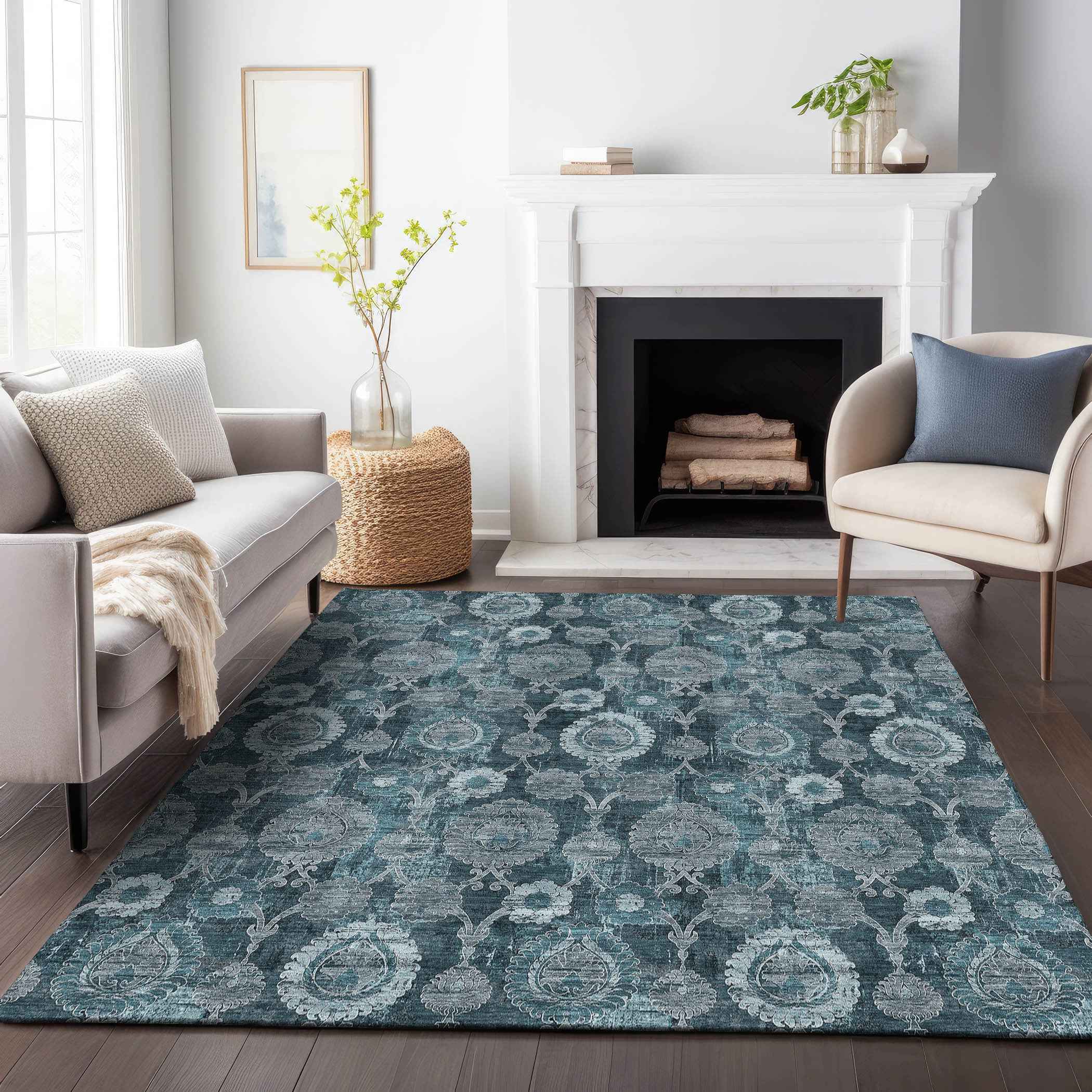 5' X 8' Teal Blue And Sky Blue Damask Washable Indoor Outdoor Area Rug
