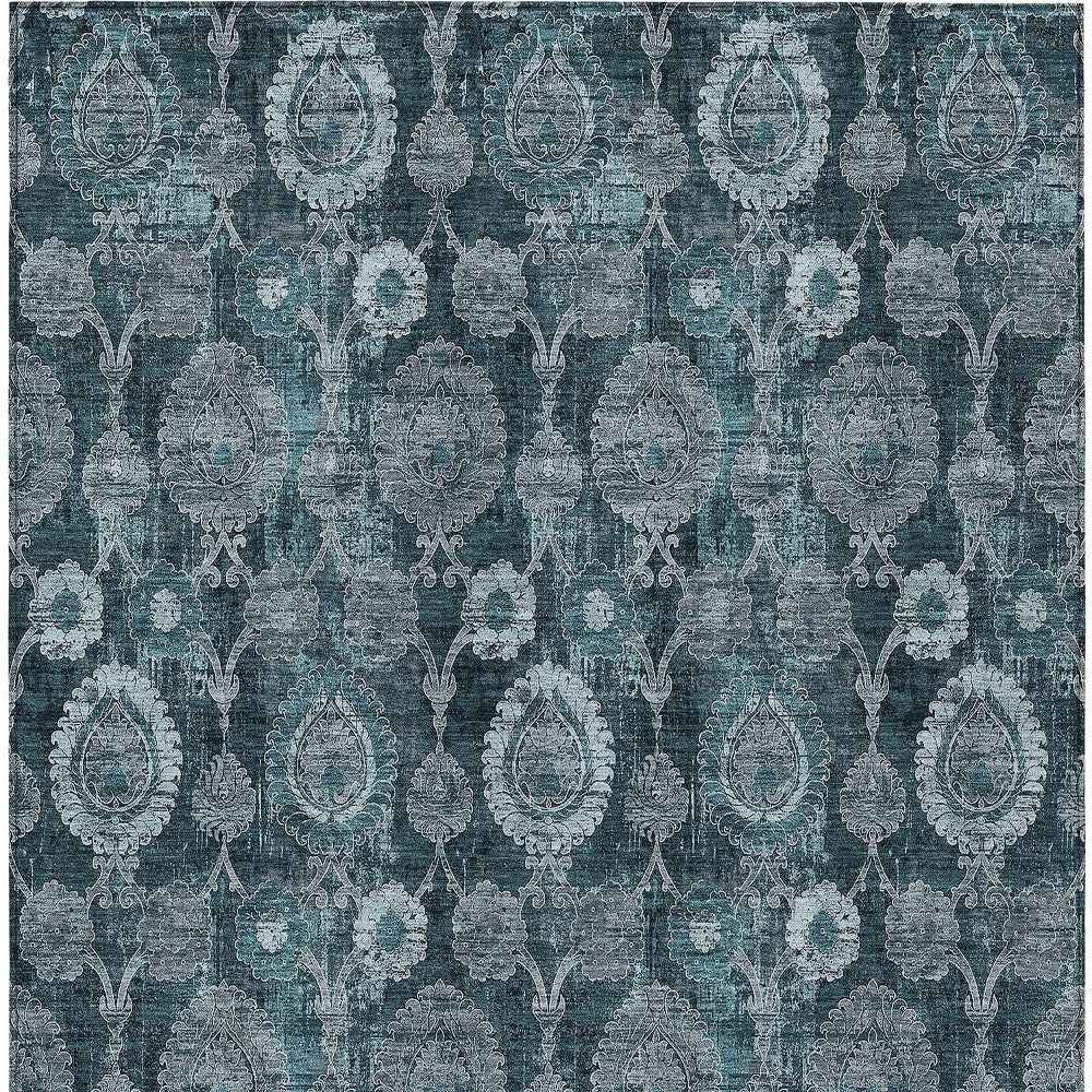 5' X 8' Teal Blue And Sky Blue Damask Washable Indoor Outdoor Area Rug