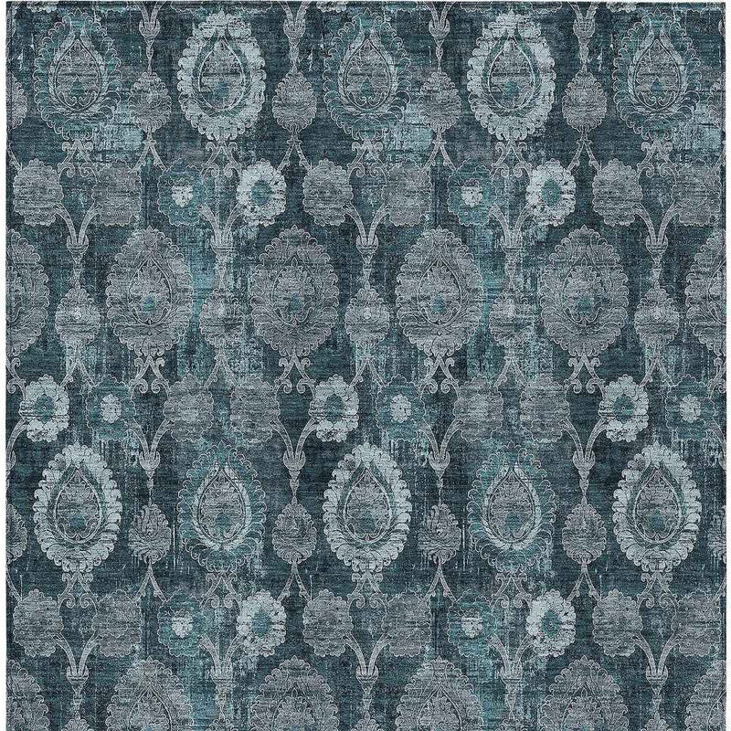 5' X 8' Teal Blue And Sky Blue Damask Washable Indoor Outdoor Area Rug