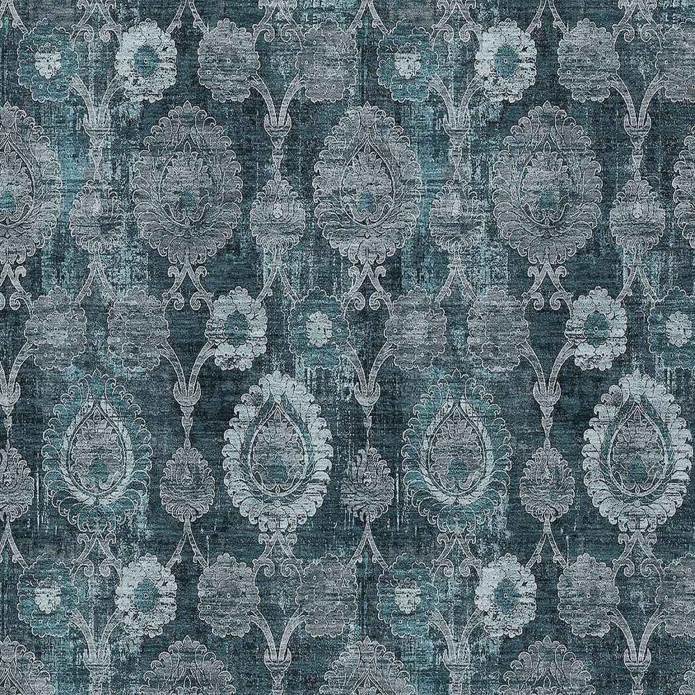 5' X 8' Teal Blue And Sky Blue Damask Washable Indoor Outdoor Area Rug