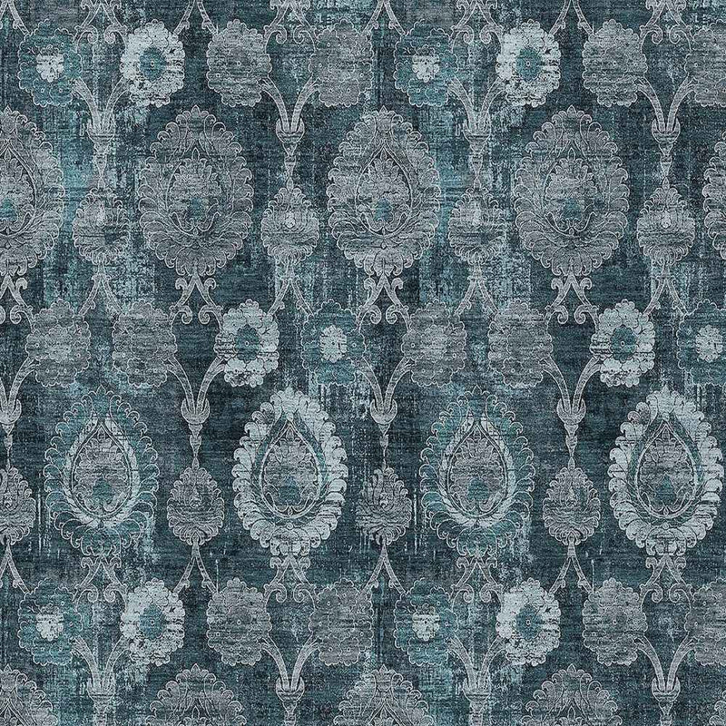 5' X 8' Teal Blue And Sky Blue Damask Washable Indoor Outdoor Area Rug