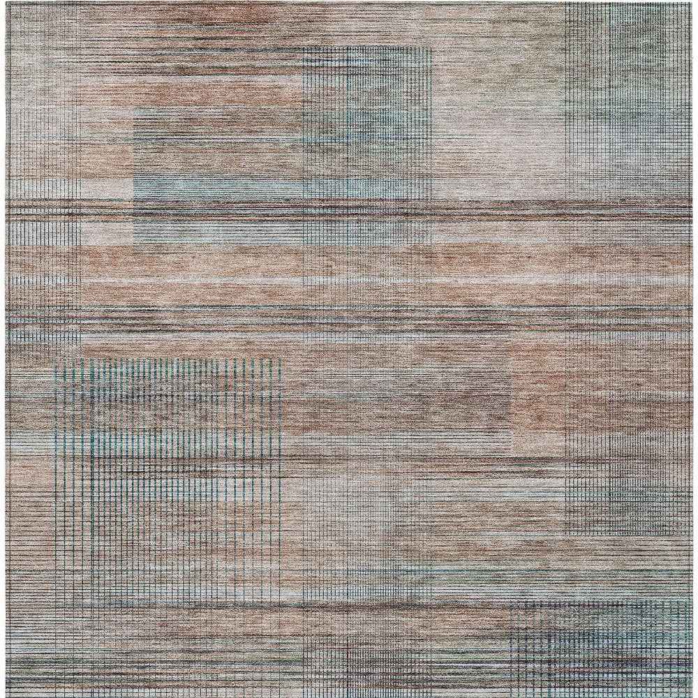 10' X 14' Copper Gray And Blue Striped Washable Indoor Outdoor Area Rug