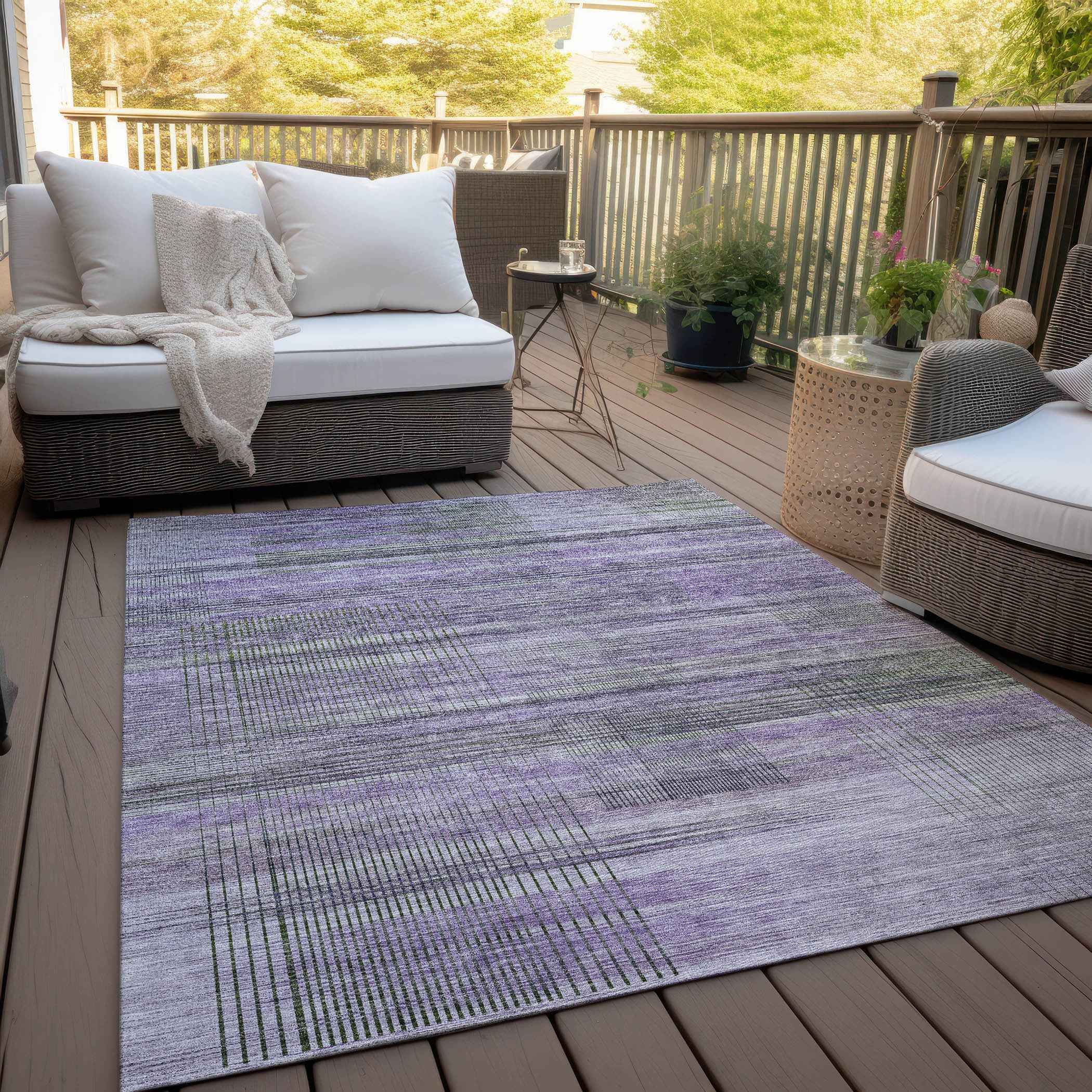 8' X 10' Purple Lavender And Gray Striped Washable Indoor Outdoor Area Rug