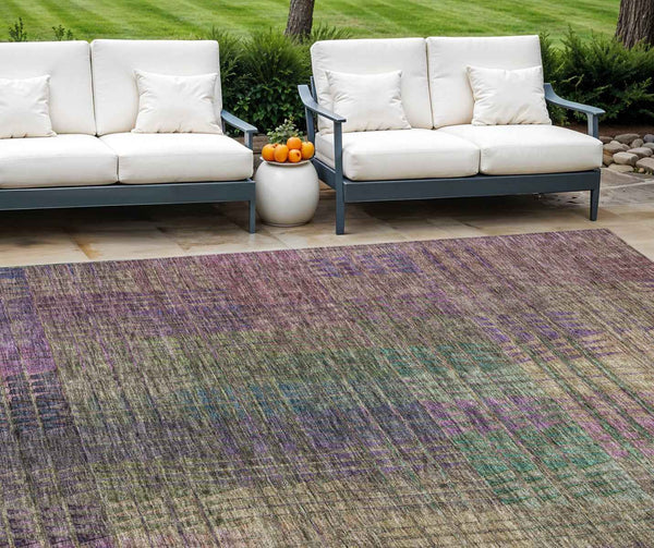9' X 12' Plum Olive Green And Lavender Abstract Washable Indoor Outdoor Area Rug