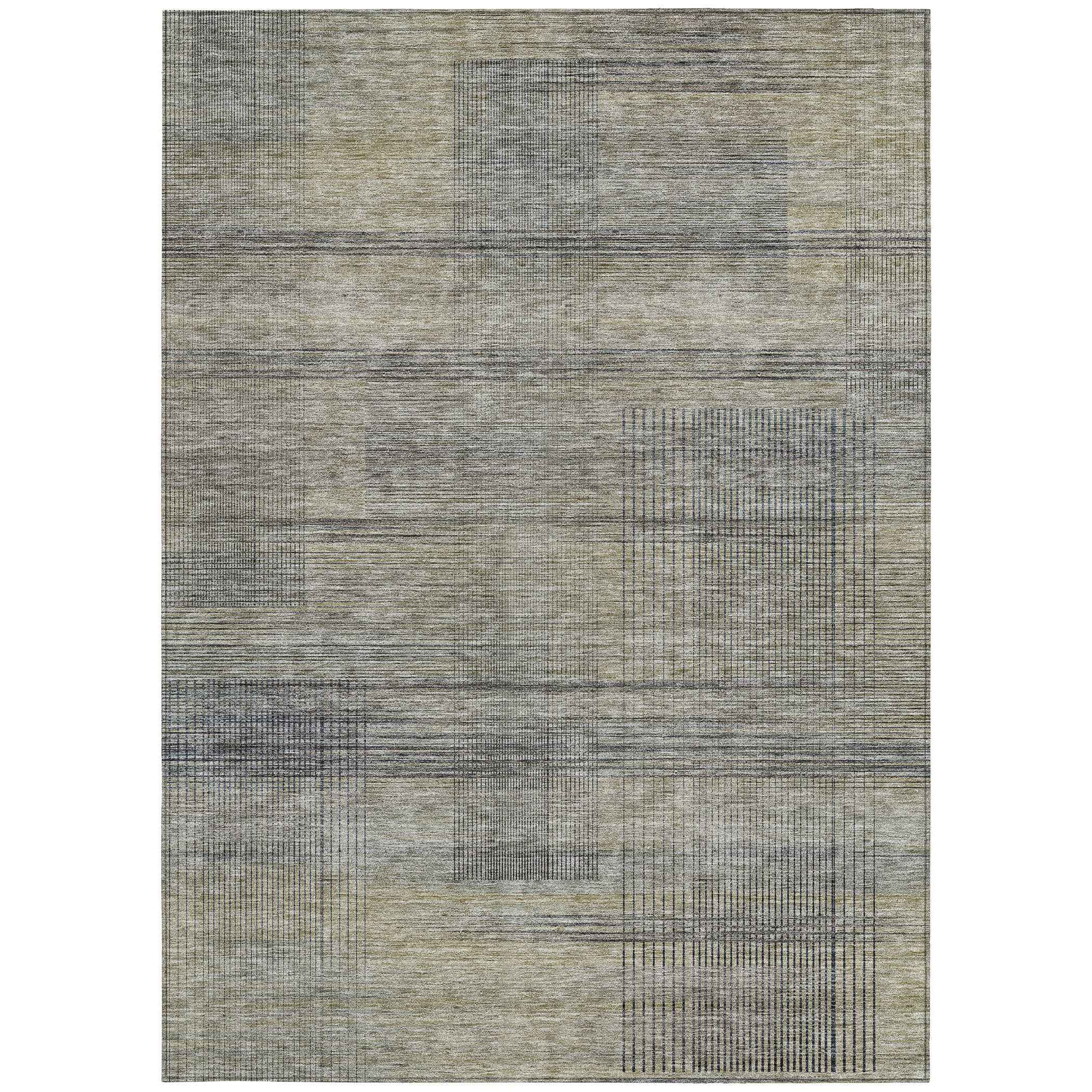 9' X 12' Khaki Beige And Gray Striped Washable Indoor Outdoor Area Rug