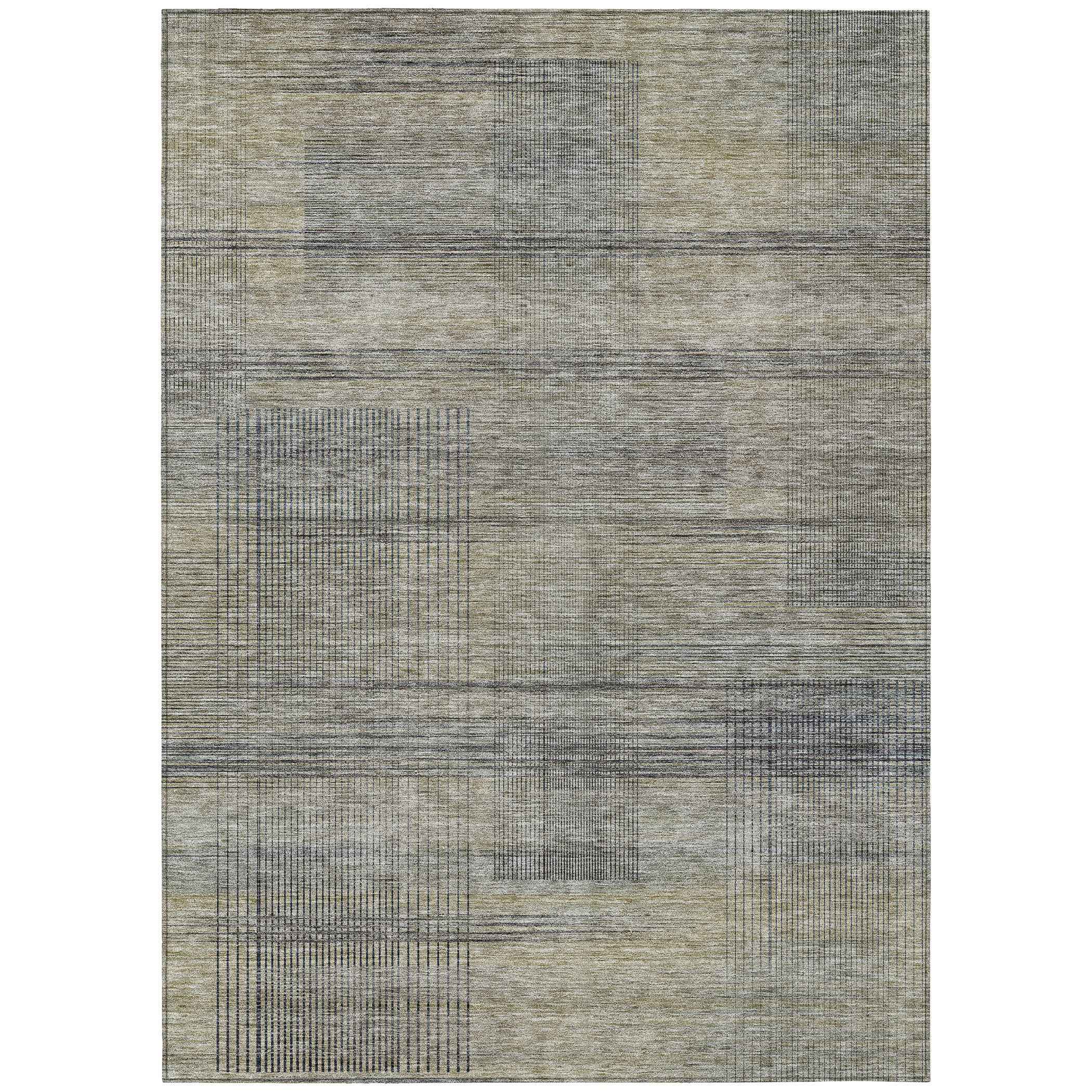 9' X 12' Khaki Beige And Gray Striped Washable Indoor Outdoor Area Rug