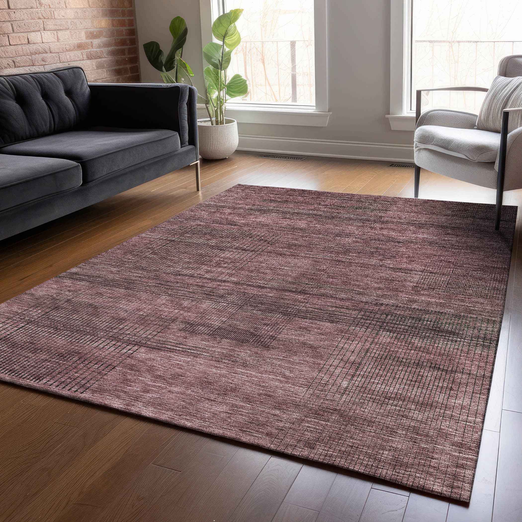 5' X 8' Merlot And Gray Striped Washable Indoor Outdoor Area Rug