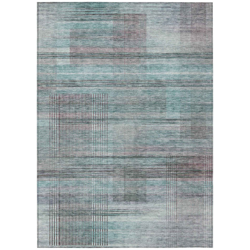 5' X 8' Teal Blue Gray And Charcoal Striped Washable Indoor Outdoor Area Rug