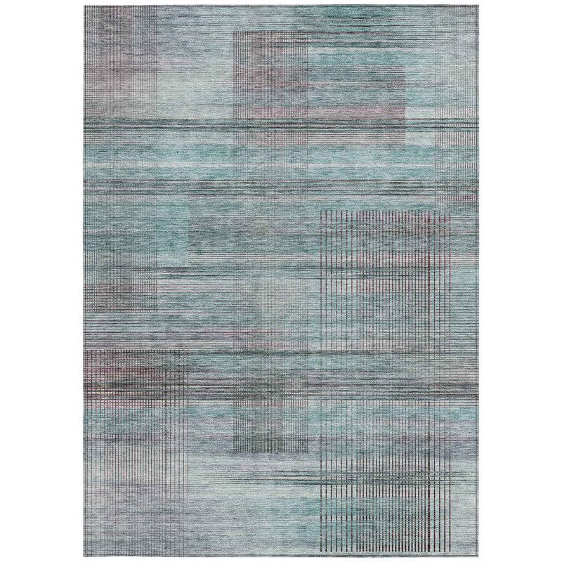 5' X 8' Teal Blue Gray And Charcoal Striped Washable Indoor Outdoor Area Rug