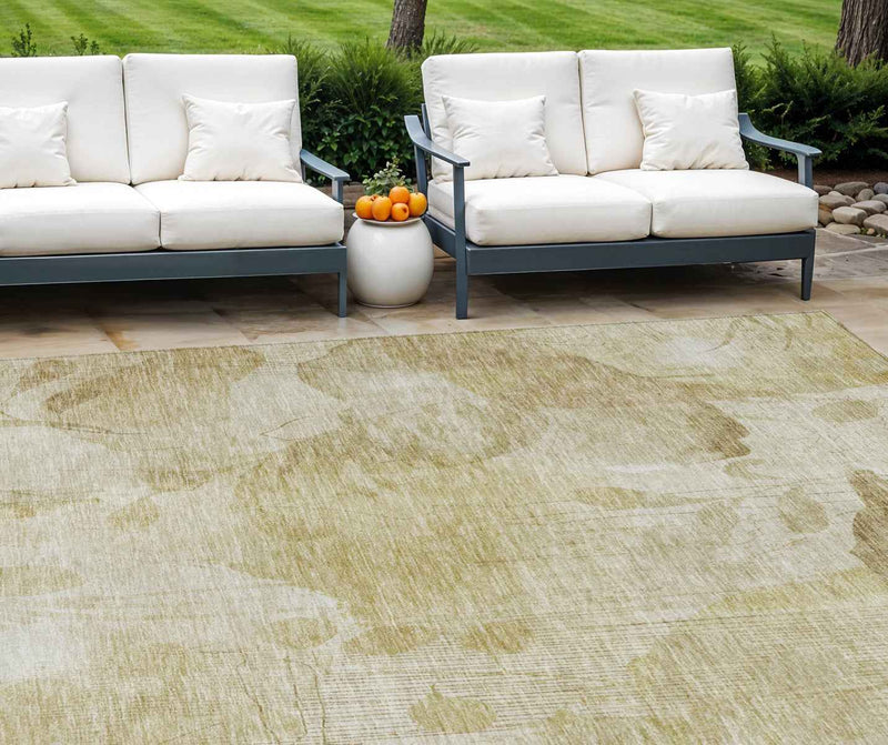 8' X 10' Beige Tan And Ivory Floral Washable Indoor Outdoor Area Rug