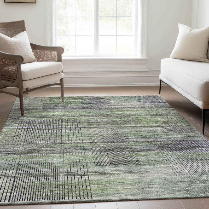 10' X 14' Artichoke Green Purple And Fern Green Striped Washable Indoor Outdoor Area Rug