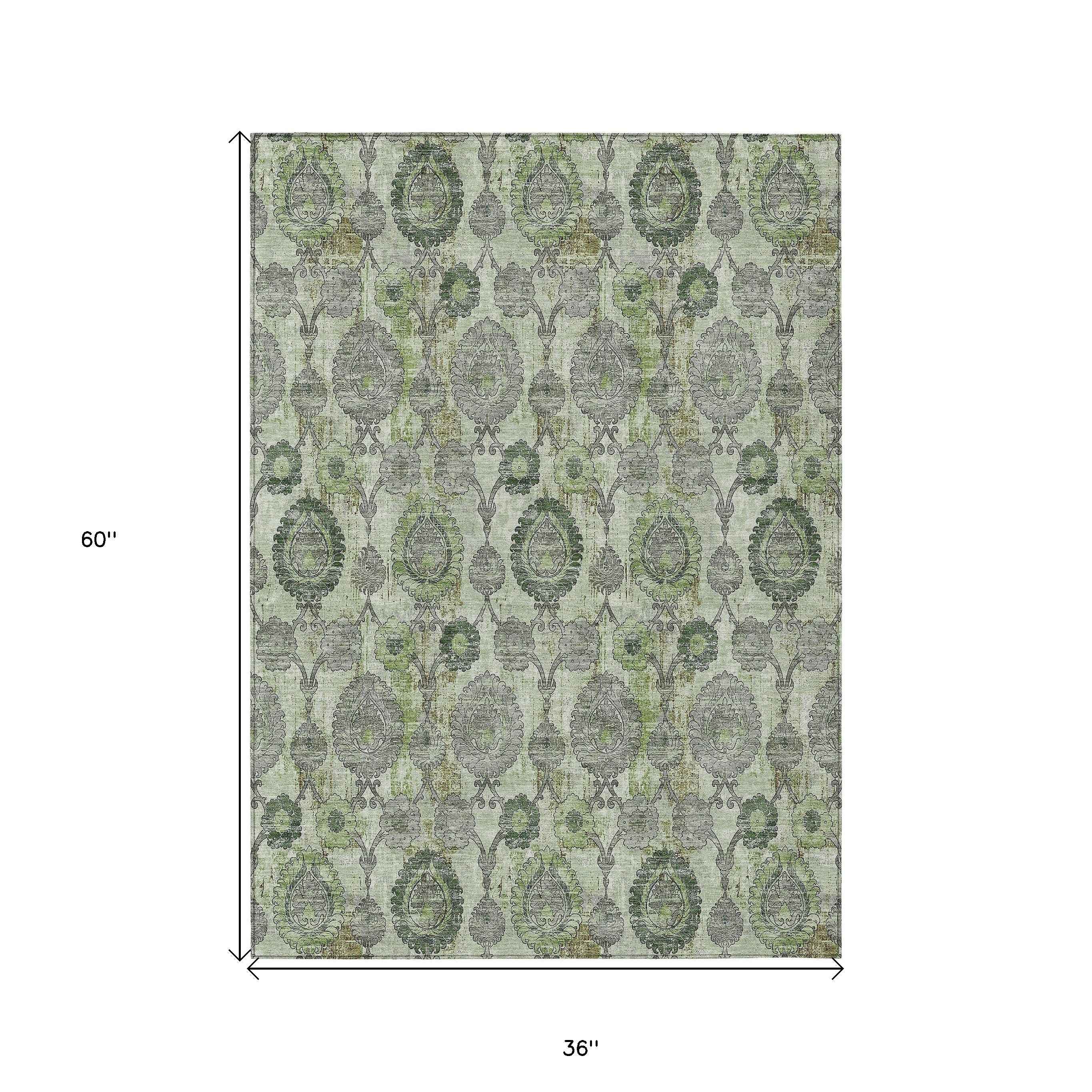 3' X 5' Artichoke Green And Fern Green Damask Washable Indoor Outdoor Area Rug