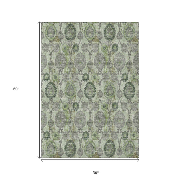 3' X 5' Artichoke Green And Fern Green Damask Washable Indoor Outdoor Area Rug