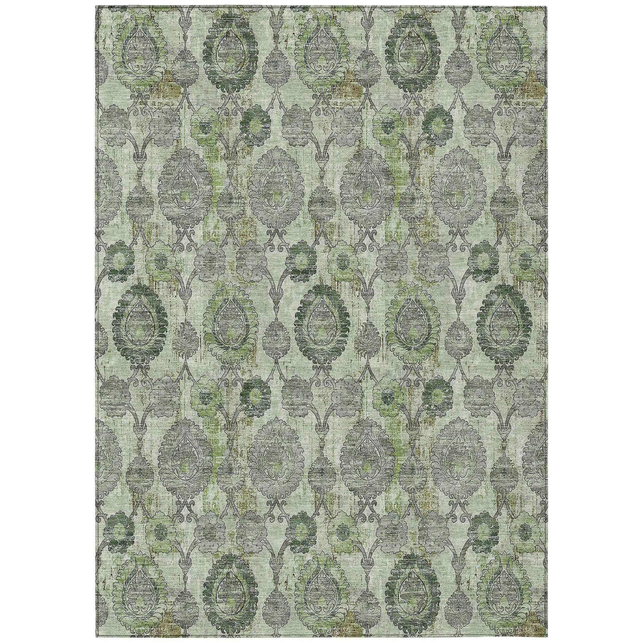 3' X 5' Artichoke Green And Fern Green Damask Washable Indoor Outdoor Area Rug